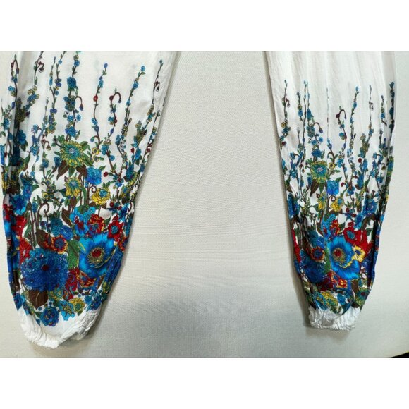 Elepants Women's Boho Harem Hippie Pants Cold Wash White Blue Floral Stretch - Picture 9 of 16